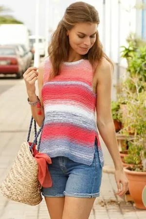 Uitverkoop Patroon Gebreid Damestopje "Malibu Top" met split en strepen - Drops Design