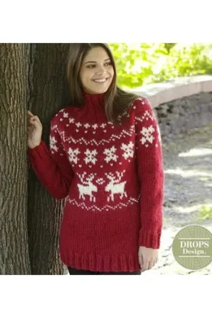 Gratis Verzending Patroon Gebreide Kersttrui "Merry Red" - Drops Design