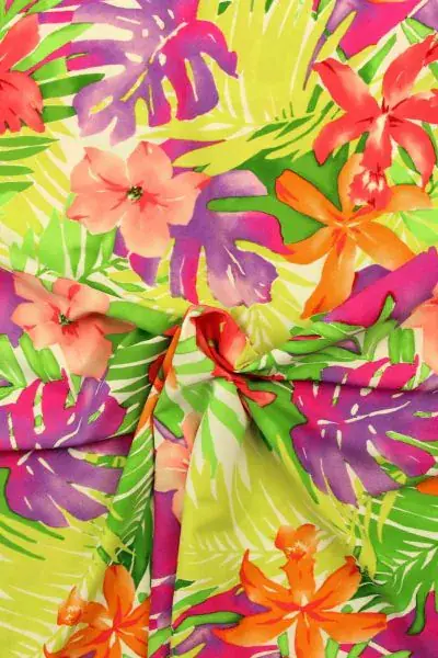 Voordeelprijs Lycra - Colorful Flowers and Leaves on White