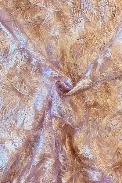 Weekendaanbieding Mesh - Embroidery Feathers- Vintage Old Pink/White