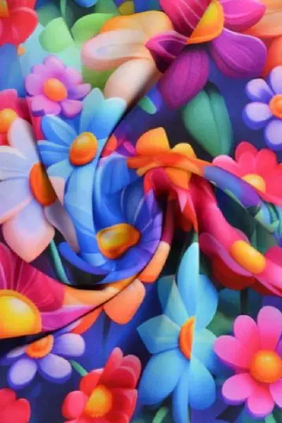 Viscose - Cartoon Pink/Blue/White Flowers on Blue Gratis Retour