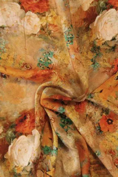 Viscose - Fall Colored Art Flowers on Ocher Direct Verzonden