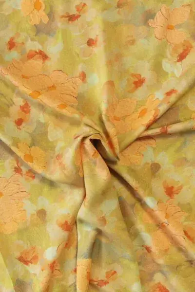 Viscose - Orange Flowers on Bright Green/Grey Speciale Aanbieding
