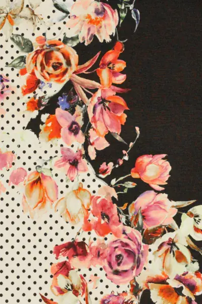 Viscose Tricot - Bright Flowers and Black Dots on White Laatste Versie