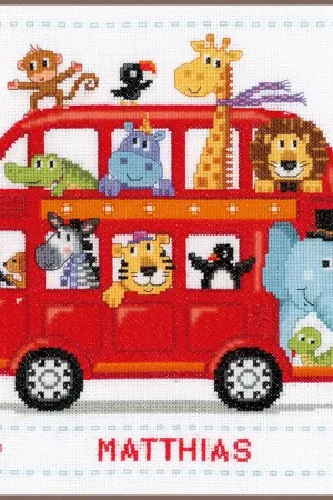 Vervaco Geboortebord Vrolijke dierenbende op de bus borduren PN-0147691 Betaalbaar