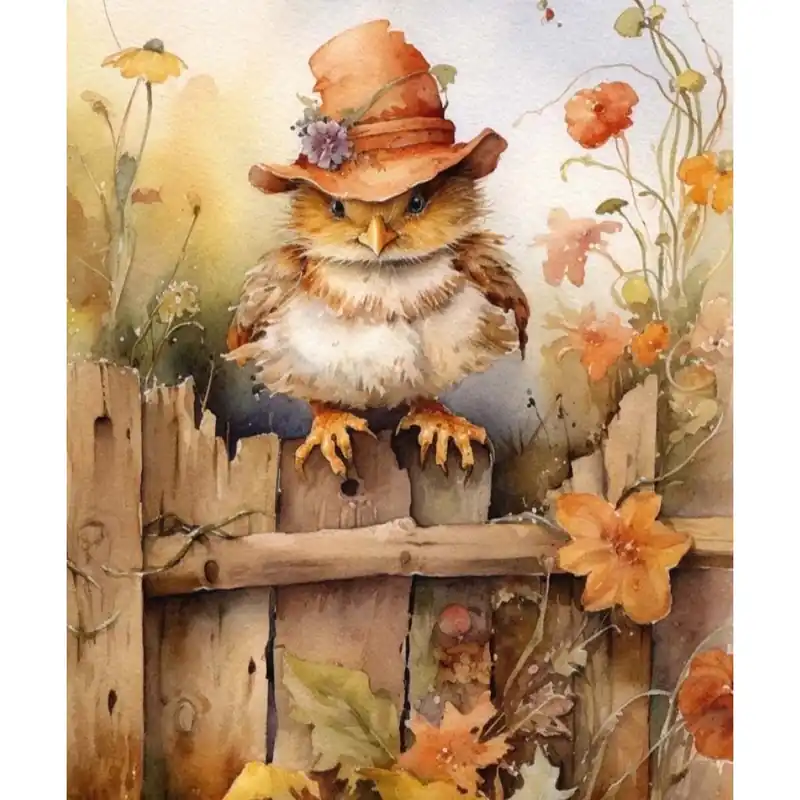 Vogeltje in de herfst Diamond Painting - rond / 40x50 Snelle Levering